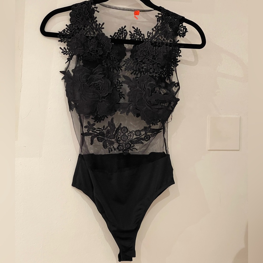 Black Embroidered Floral Sheer Mesh Bodysuit